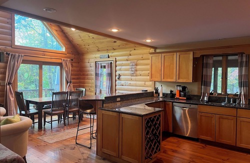 East Wakefield House | Spacious Lakefront Log Home for Family Fun & Relaxation- deck, firepit, gameroom