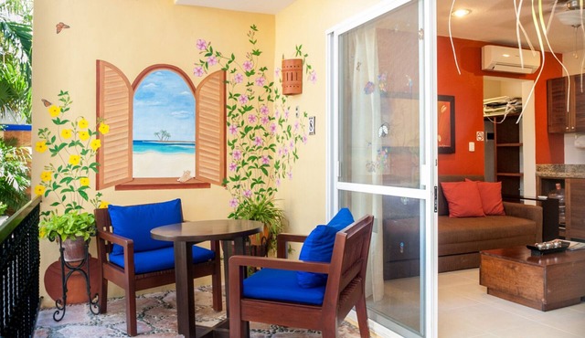 Private patio overlooking the pool. 2-minute stroll to the beach.