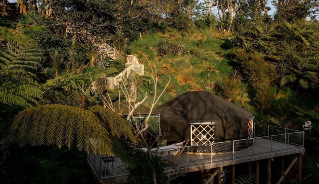 Stylish Yurt with an Outdoor Bathtub for Luxury Camping in Taranaki, North Island